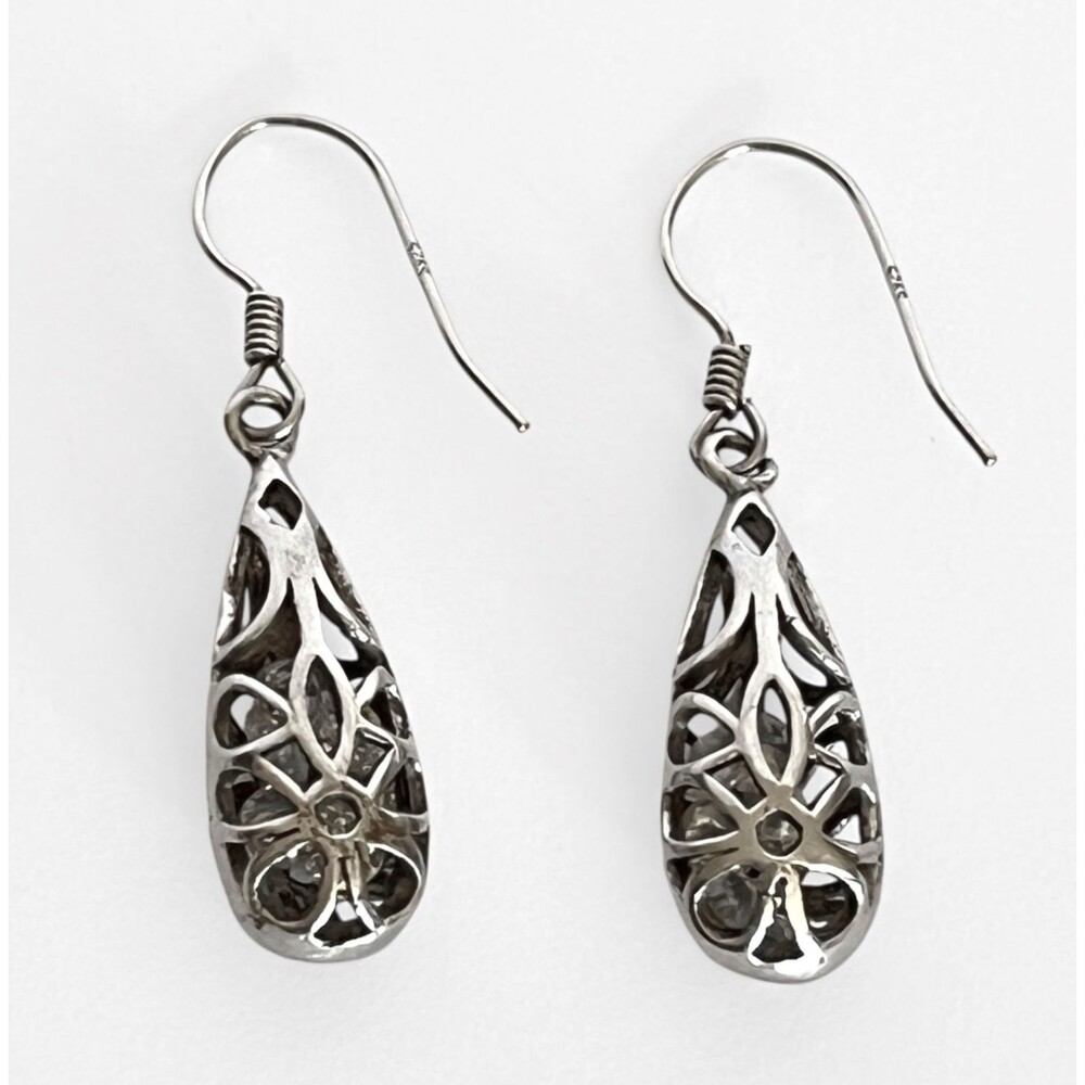 Floral Teardrop Cage Earrings 925 Sterling Silver Dangle Clear Stones Hollow 3g